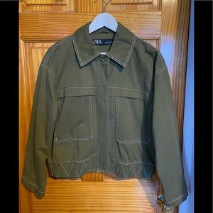 Zara Olive Utility Crop Jacket with Contrast Stitching